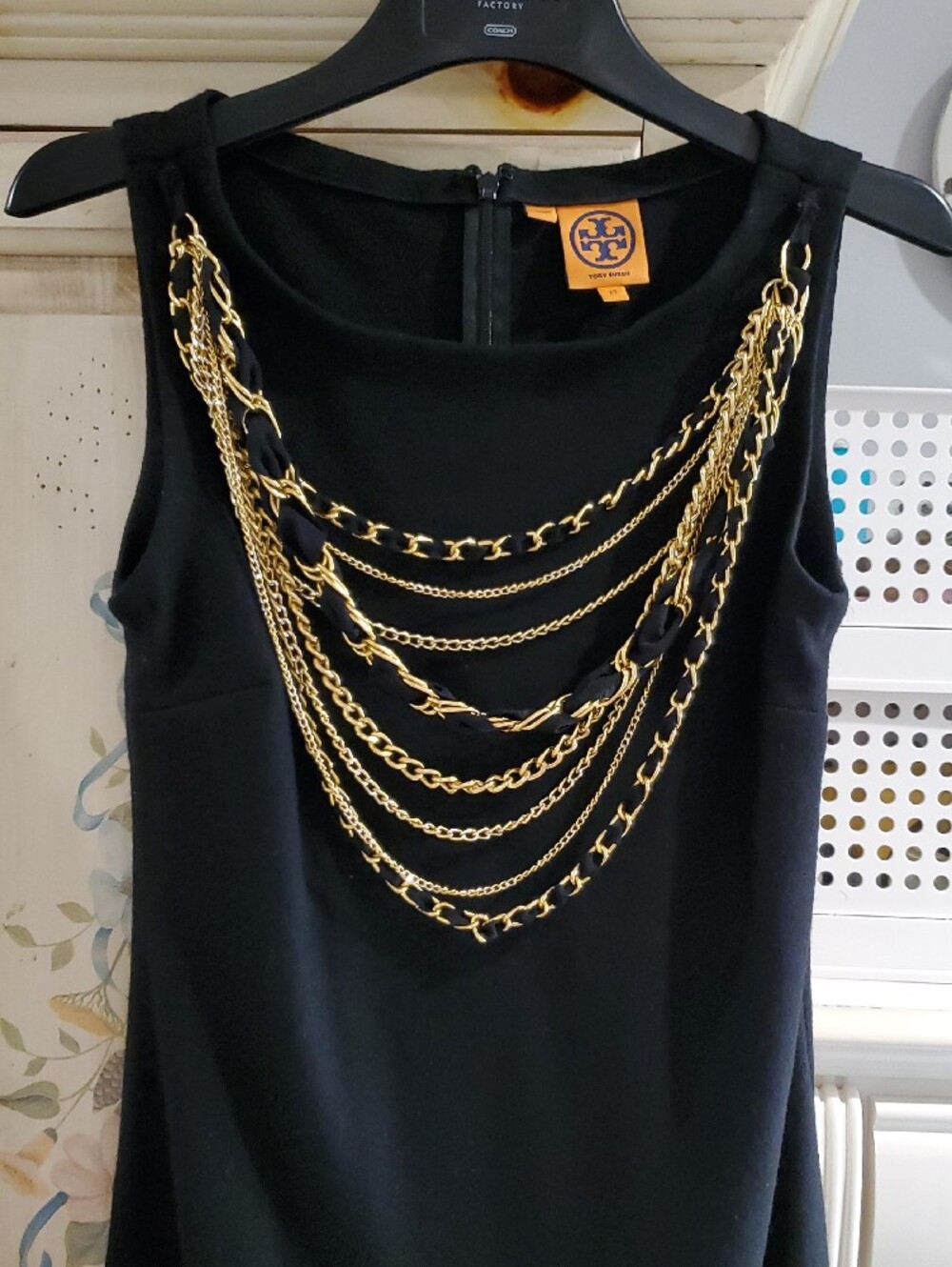 Tory Burch Black Midi Dress with Gold Chain Detail